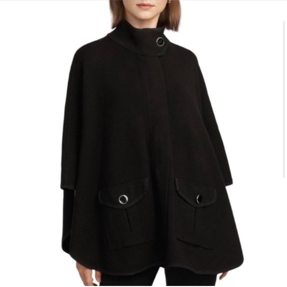 Anne Klein High Neck Pocketed Cape Black Sweater Shrug Poncho Mock Neck - Picture 12 of 14